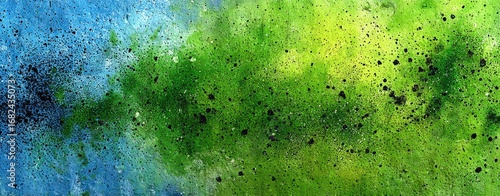 A vibrant, dynamic abstract design, showcasing a blend of intense blue and vibrant green hues, accented by scattered dark specks.