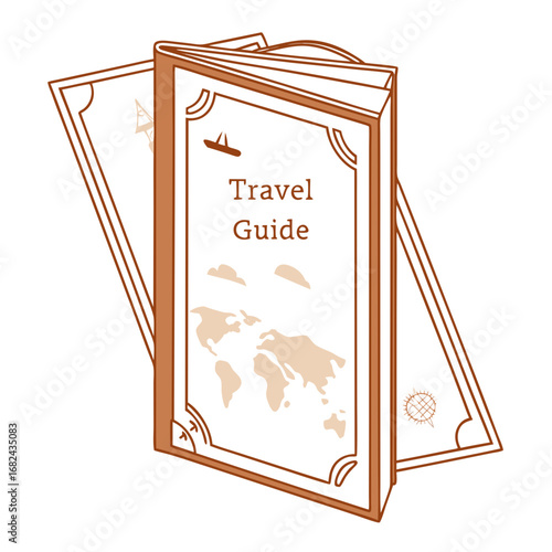 Brown open book with world map and sailing boat travel