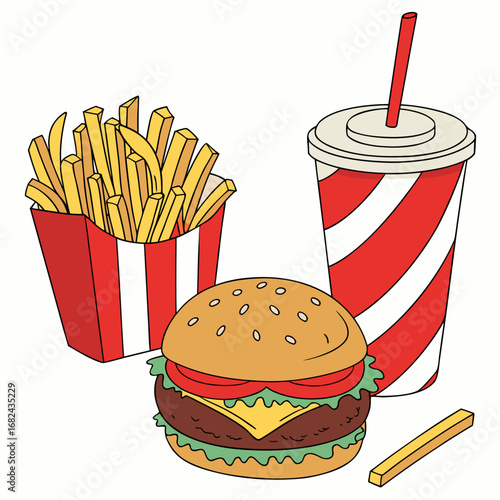 Burger fries and soda on white background french fries