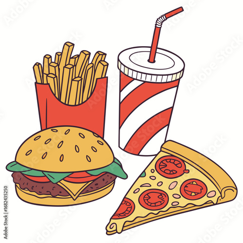 Burger fries soda pizza fast food