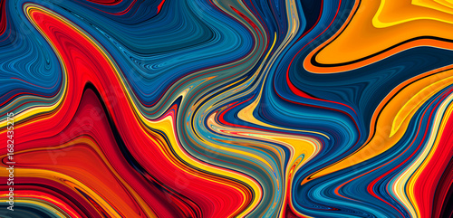 Abstract colorful fluid art with swirling patterns of red, blue, yellow, and orange shades