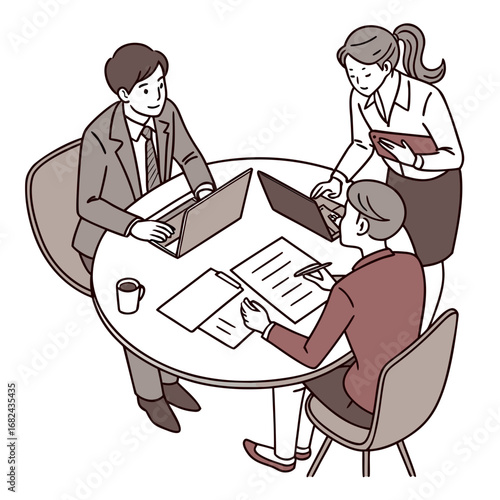 Business meeting with laptops and documents discussion