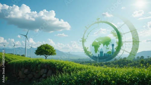 Stunning landscape featuring wind turbines in a lush green environment with clear blue sky highlighting renewable energy sustainability eco-friendly technology and nature