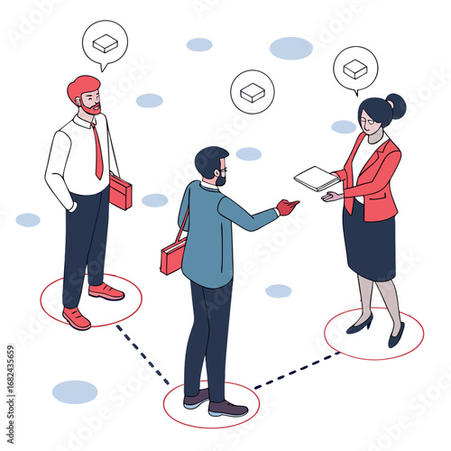 Business people interacting with communication bubbles