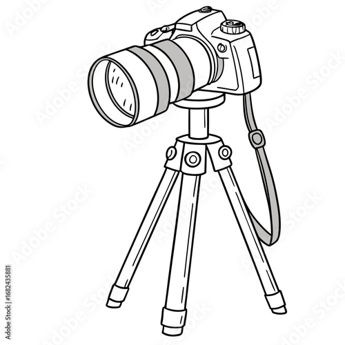 Camera on tripod with lens and strap photography