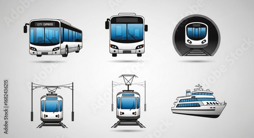 City transportation vector art: bus, train, tram, subway, and ferry boat public transport icons set design