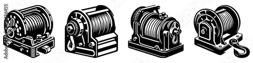 Modern Minimalist Winch Icon, Flat Silhouette of a Mechanical Lifting Device Vector for Industrial Illustration Design