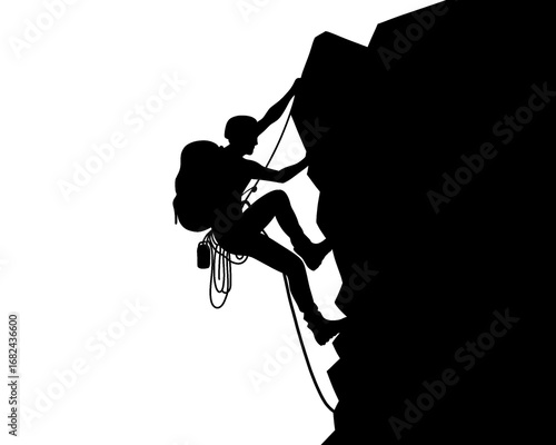 Silhouette of a young man climbing a cliff, vector illustration	