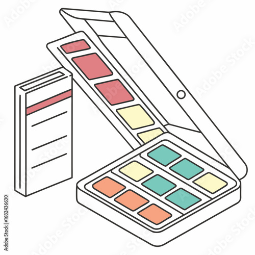 Colorful paint palette and swatch book watercolor set