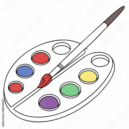 Colorful paint palette with brush art supplies watercolor