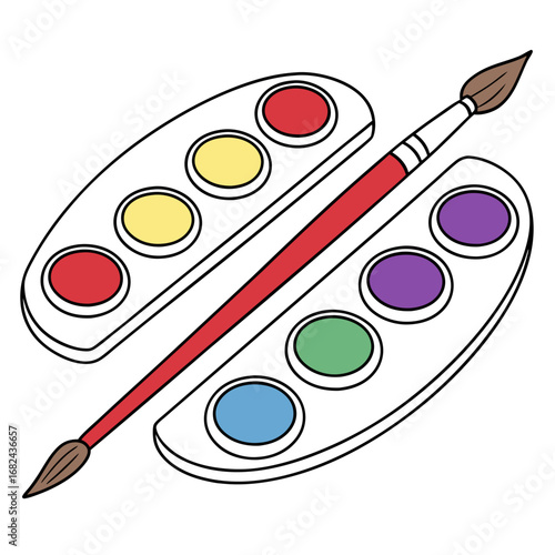 Colorful paint palette with brush watercolor art supplies