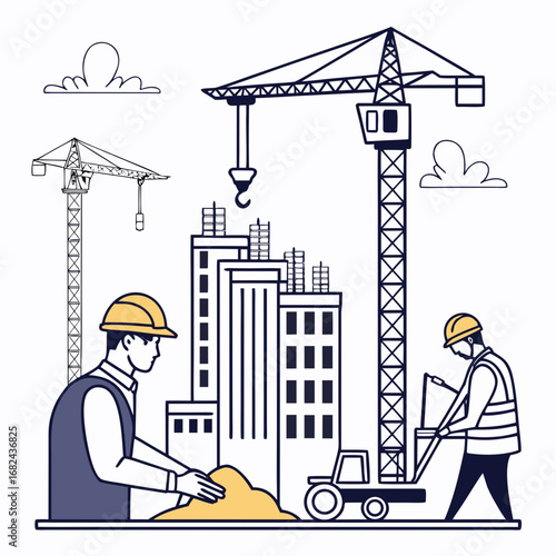 Construction site with cranes and workers building