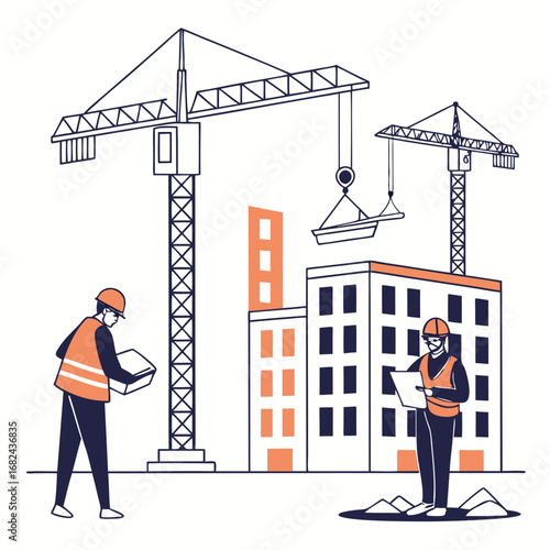 Construction workers and cranes at building site buildings