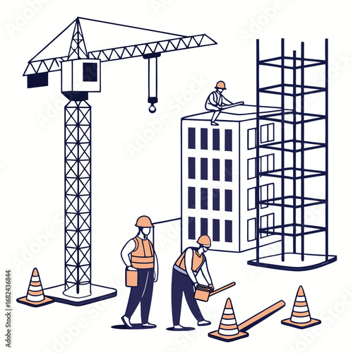 Construction workers and crane building safety vests