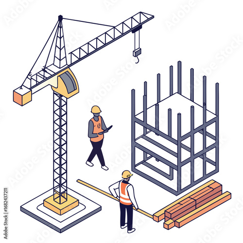 Crane workers building structure with wood construction