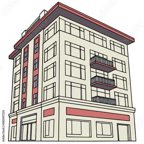 Cream colored building with red accents and balconies