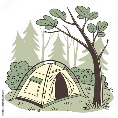 Cream tent nestled in forest with trees and bushes