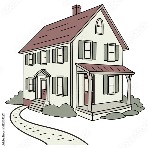 Cream colored house with red roof and green shutters