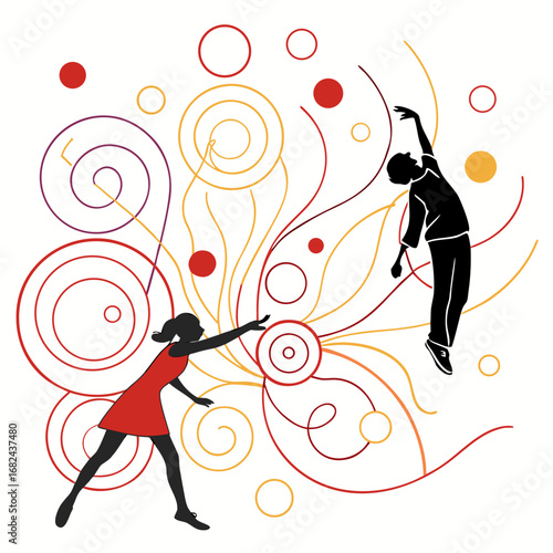 Dancing figures with swirling lines dance silhouettes
