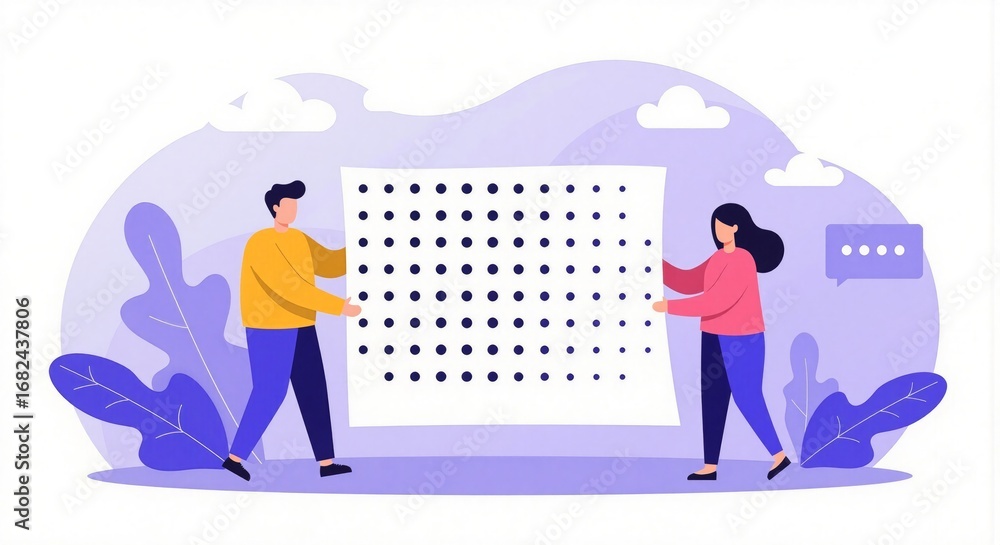 Obraz premium Collaborative Teamwork Two People Jointly Present a Dotted Pattern, Symbolizing Shared Vision, Strategic Planning, and Project Collaboration