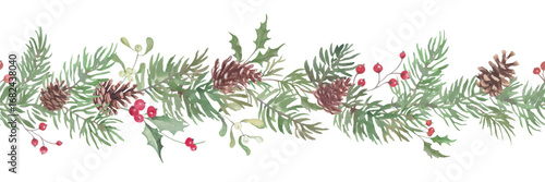 Christmas watercolor horizontal seamless pattern with holly berries, pine cones, mistletoe. Hand drawn illustration. Vector EPS.
