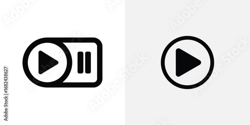 Black Play and Pause Icons on Rectangular and Circular Shapes with Light Gray Background