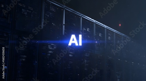 Cinematic AI Chip Glowing in Data Center with Futuristic Blue Lighting