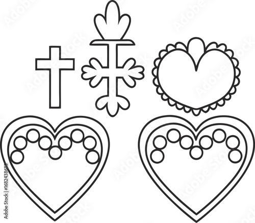 Collection of sacred heart and cross symbols, representing faith, love, and devotion in mexican folk tradition