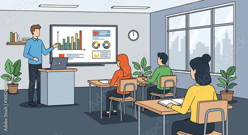 A male teacher presenting data and charts on a large screen to a group of students in a modern classroom setting.