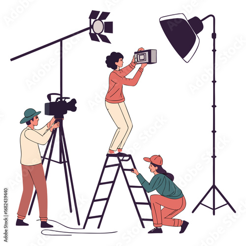 Film production crew working with cameras and lights