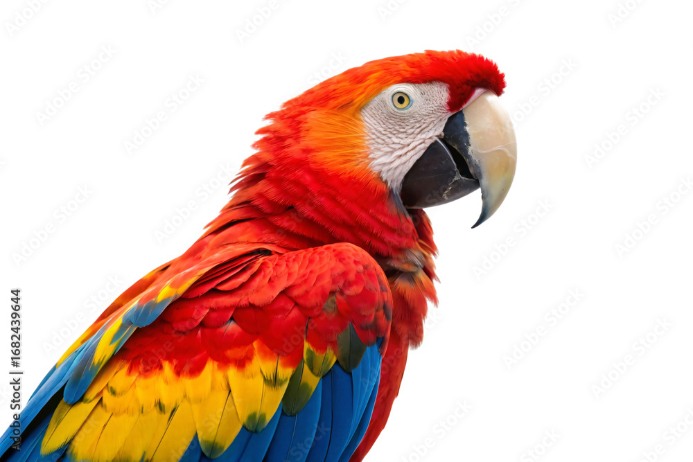 Fototapeta premium Vibrant red scarlet macaw parrot with blue yellow wing feathers showing detailed plumage and curved beak, isolated on a transparent background