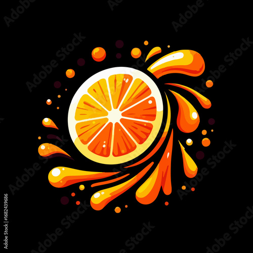 Fresh orange slice with juice splash on black background illustration.