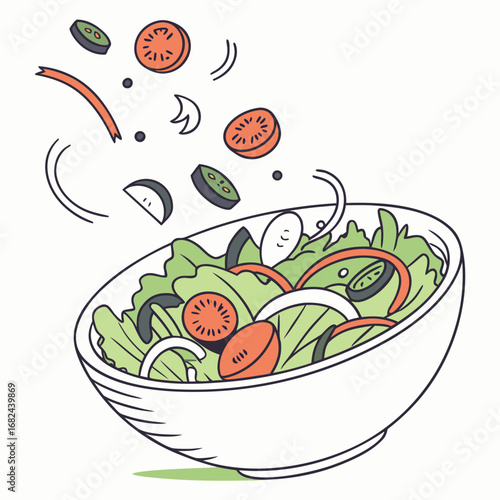 Fresh salad ingredients falling into bowl tomatoes
