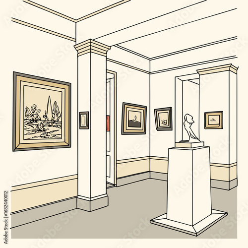 Gallery interior with paintings and sculpture art exhibition