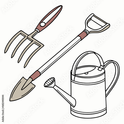 Garden tools watering can trowel fork gardening