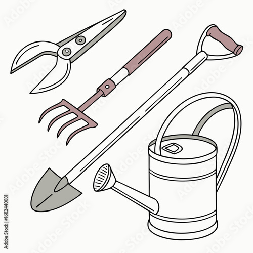 Gardening tools assortment with pruning shears shovel fork and watering can