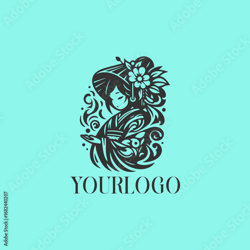 Geisha Logo Design - Elegant Japanese Woman with Floral Elements.