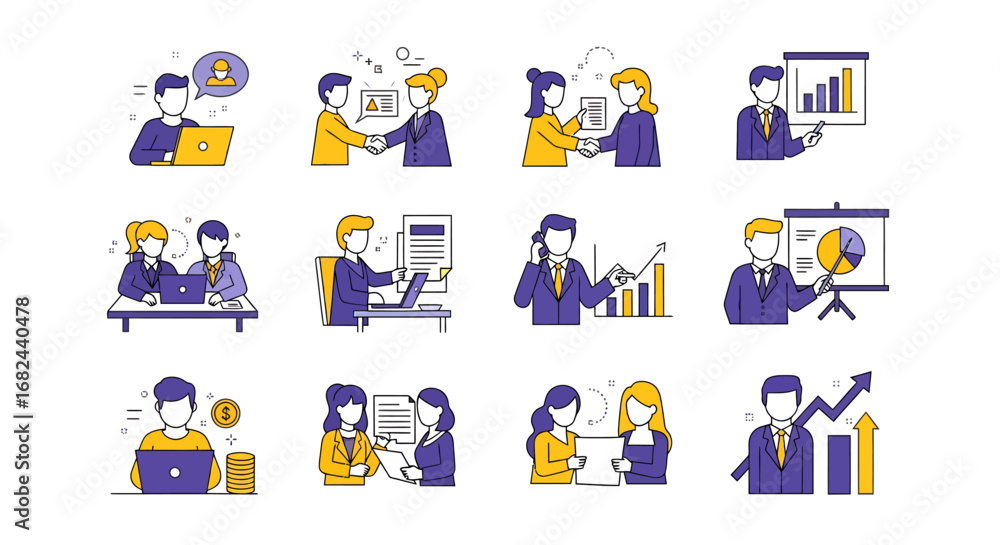 Fototapeta premium Collection of business-related icons depicting teamwork, meetings, presentations, and financial growth.