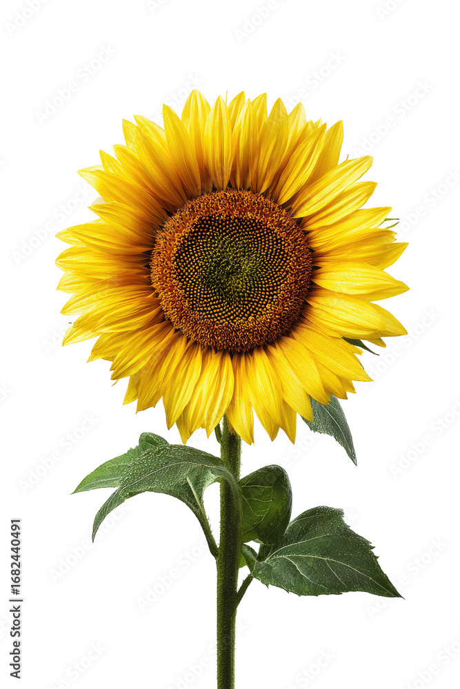 Obraz premium Close-up of a vibrant sunflower, bright yellow petals, dark brown center, green leaves, and a long stem