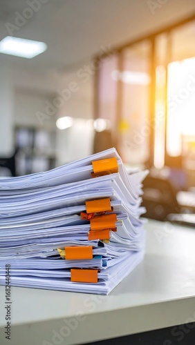 High stack of papers on desk