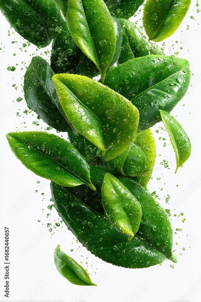 Fototapeta premium Fresh green tea leaves with water droplets floating in a vibrant motion