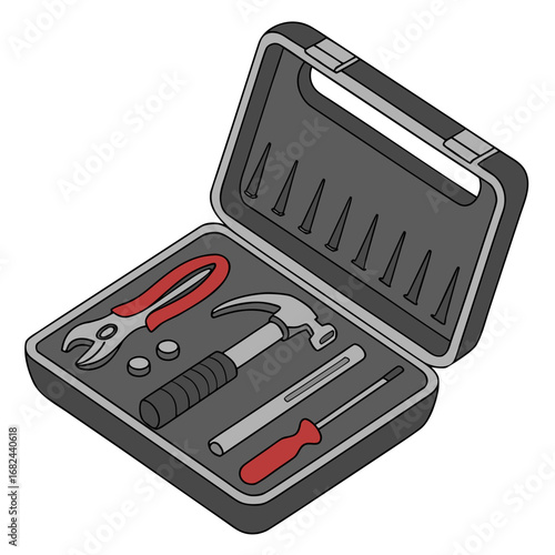 Gray toolbox with red handled tools and nails hammer