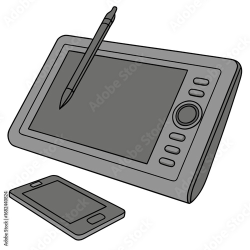 Grey drawing tablet and stylus with phone digital art
