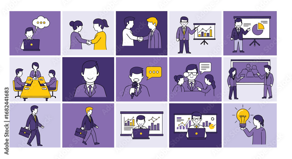 Fototapeta premium A grid of fifteen minimalist illustrations depicting various business activities, including meetings, presentations, communication, and idea generation, with professionals working and interacting.