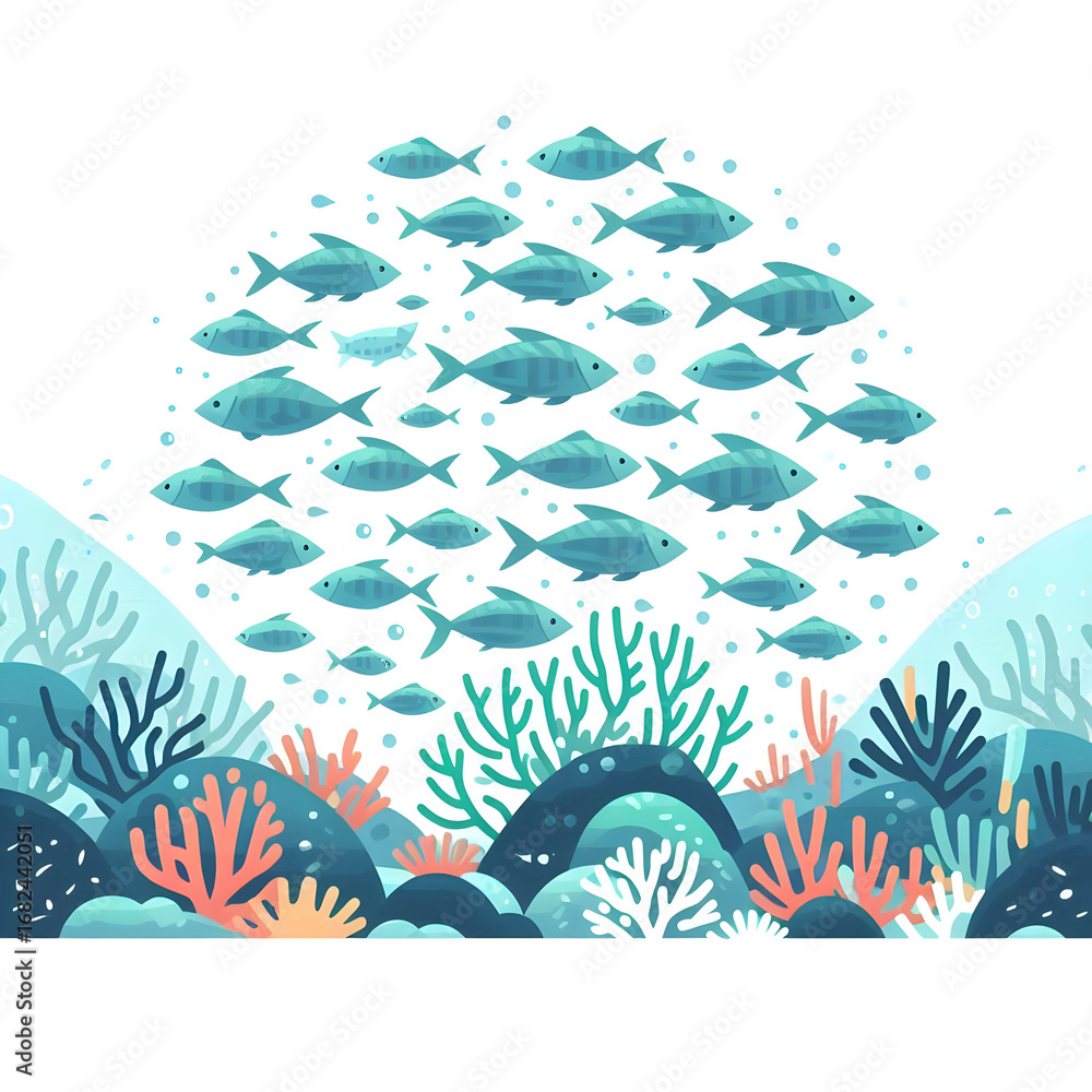 Fototapeta premium Minimalist flat illustration of a fish swimming past underwater rocks and plants, capturing the beauty and tranquility of the marine environment, on a white background.