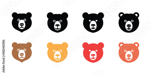 Eight Colorful Bear Face Icons in Black, Brown, Yellow, and Red on White Background