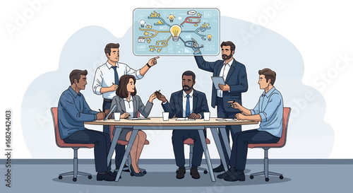 A diverse group of business professionals collaborating during a strategic planning meeting.