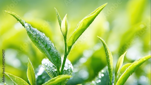 Wallpaper Mural Close-up of fresh tea leaves with morning dewdrops, showcasing natural botanical details. Torontodigital.ca
