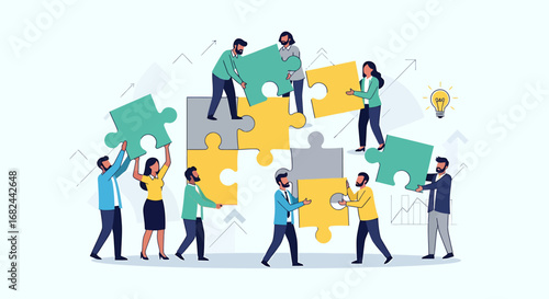 Teamwork illustration: People assembling puzzle pieces, symbolizing collaboration and problem-solving.