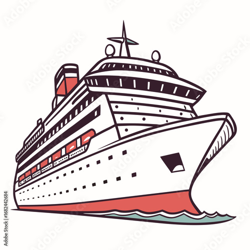 Large white cruise liner with red accents sailing cruise ship